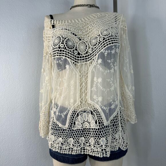 Sheer Crochet Lace Mesh Boho Off the Shoulder Top Medium - Picture 4 of 6